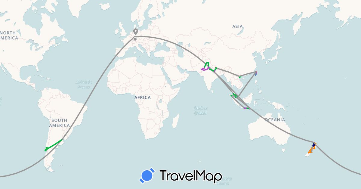 TravelMap itinerary: driving, bus, plane, cycling, train, hiking, boat, campervan in Argentina, Chile, Germany, Indonesia, India, Malaysia, Nepal, New Zealand, Singapore, Taiwan, Vietnam (Asia, Europe, Oceania, South America)